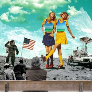 retro collage art dancing on the moon vintage photomontage