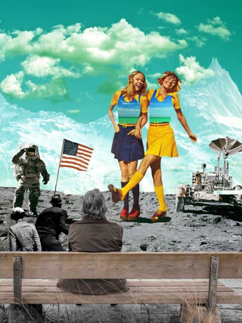 retro collage art dancing on the moon vintage photomontage
